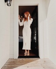 DOEN Rosie pointelle knit alpaca silk sweater midi max dress XS dogwood cream