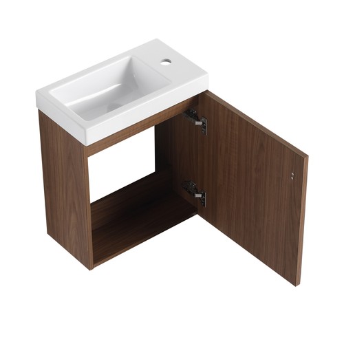 18.5" Walnut Wall Mounted Floating Bathroom Vanity W/ Door Storage W/ Resin Sink - Picture 22 of 24