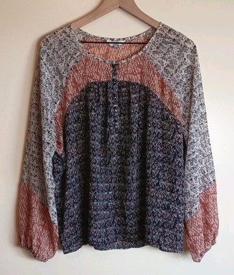 Lucky Brand Mixed Print Peasant Blouse Boho Balloon Sleeve Size Large Semi Sheer