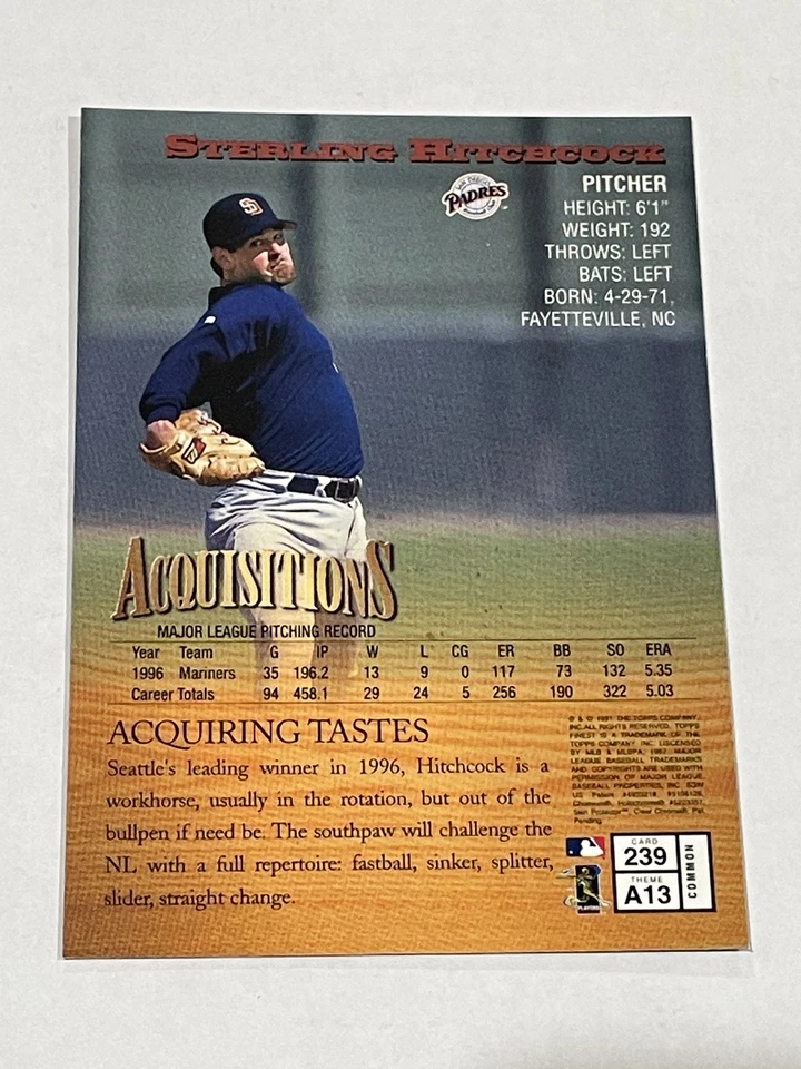1997 Finest Baseball #239 - Sterling Hitchcock - San Diego Padres - Image 2 of 2