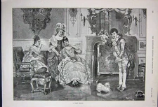 Original Old Antique Print 1891 Romance Man Women Ladies Puppy Dog House 19th