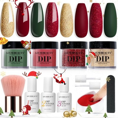 Christmas Dip Powder Nail Kit, 4 Colors Red Green Gold Glitter Dipping Powder...