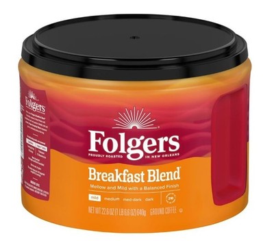 Folgers Breakfast Blend Ground Coffee, Mild Roast, 22.6 oz Canister