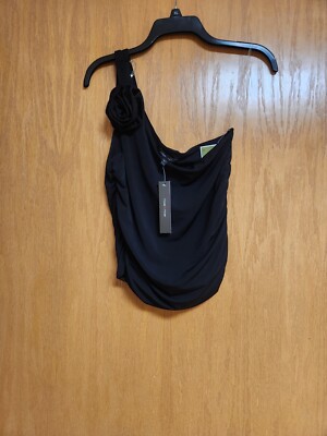 One Shoulder Black Tank Top. Rose Embellished. NWT. XL Juniors. By Moa Moa. 