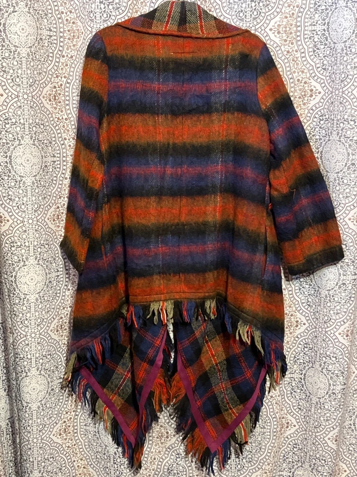 Cárdigan Chaqueta Mujer Hei Hei Flecos Cuadros Naranja y Azul Boho Frente Abierto Talla S Foto 2 de 4