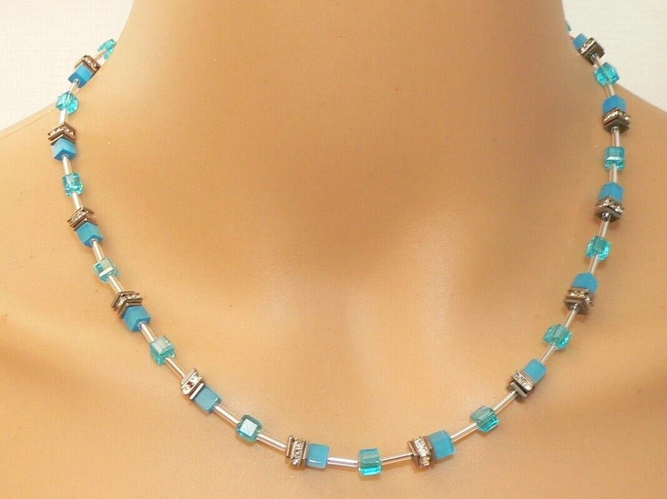 Halskette Kette Collier 4mm Cube Cat Eye türkis Kristallglas türkis Strass 502k - Bild 2 von 4