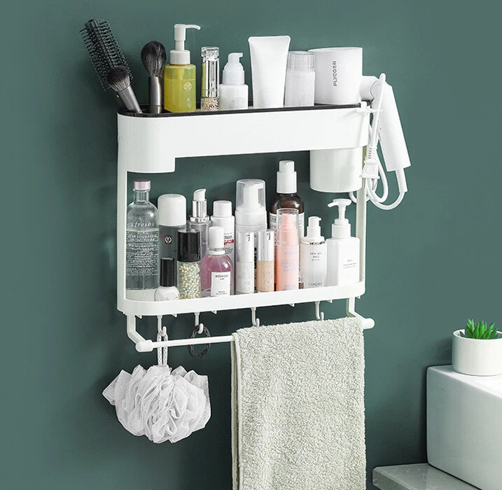 2 Tiers Self Adhesive Wall Mounted Bathroom Shelf Rack Organiser Towel Rail