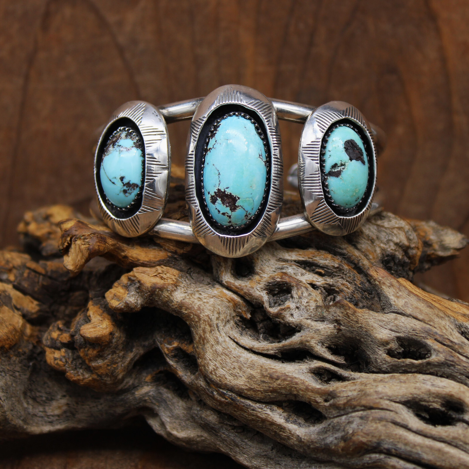 Sterling Silver Three Shadowboxes Turquoise Brace… - image 1