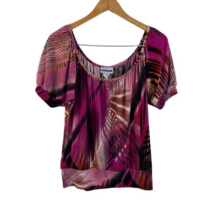 Kress Bright Multipattern Blouse Plus 1X Purple Pink Orange Abstract Stretch