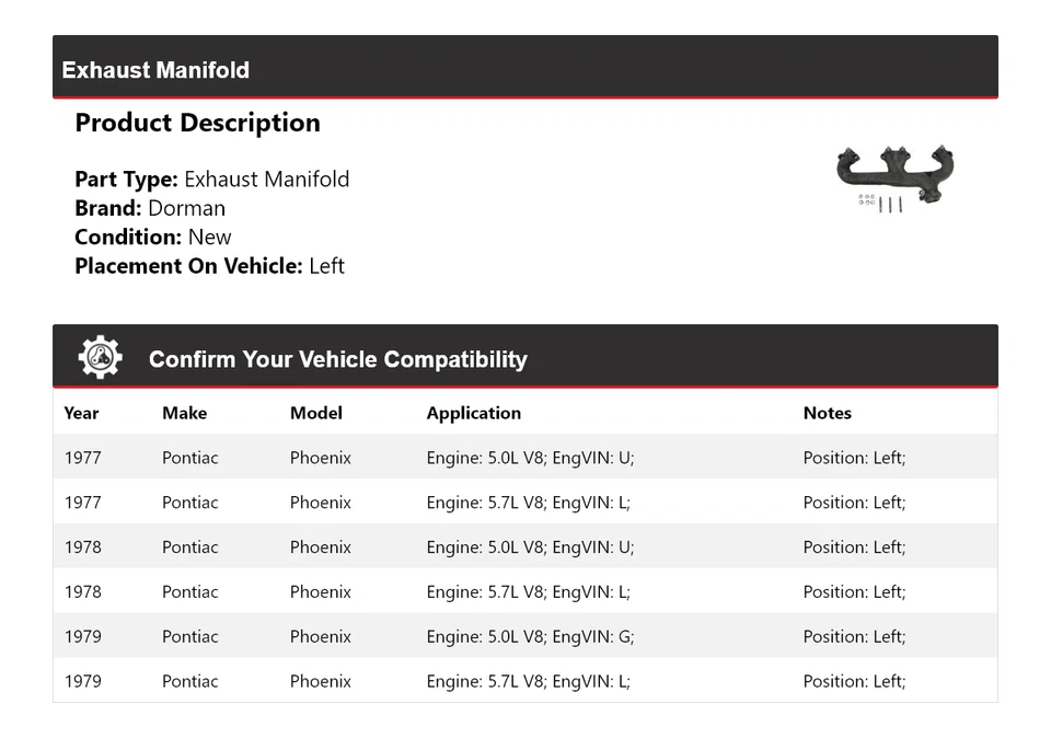 Colector de escape izquierdo 1978 para Pontiac Phoenix Dorman 1977-1979 Foto 2 de 4