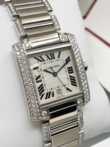 Montre unisexe Cartier Tank Française 28 mm or blanc diamant cadran argent WE1003SF - Photo 3 sur 8