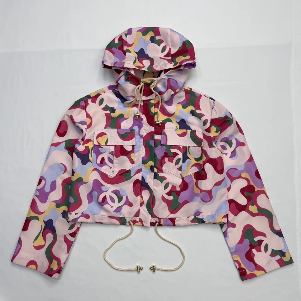 Chanel Logo Print Hooded Zip-Up Blouson Jacket Size 36 - Image 3 of 4