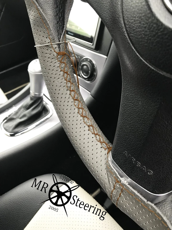 PARA VAUXHALL VELOX GRIS CUERO PERFORADO CUBIERTA VOLANTE MARRÓN DOBLE ST - Imagen 4 de 4