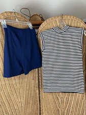 vintage sleeveless shirt And Short Set Navy White Polyester 1970 Needs Repair