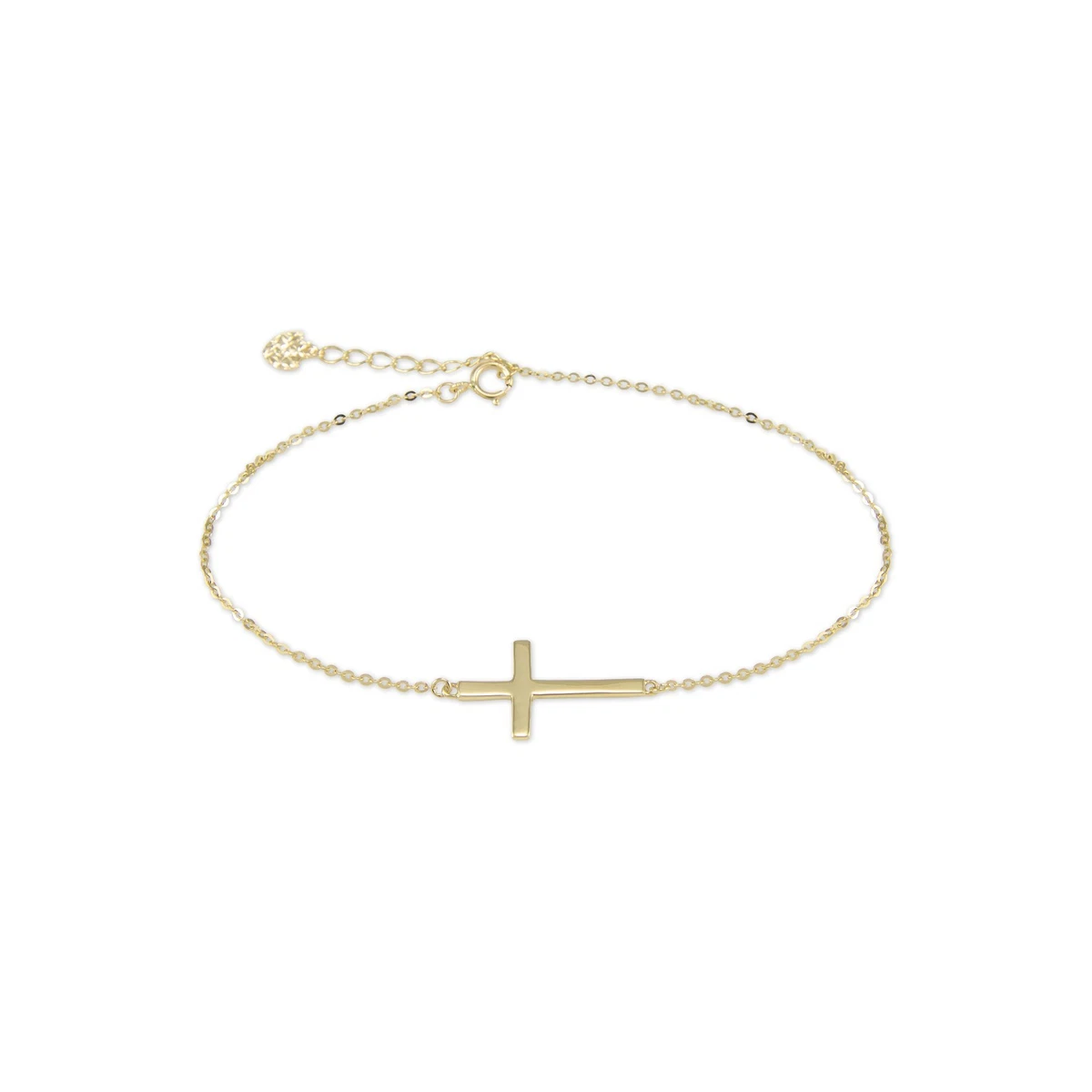 14K Solid Yellow Gold Sideways Cross Bracelet Charm Rolo Chain Link Women Men