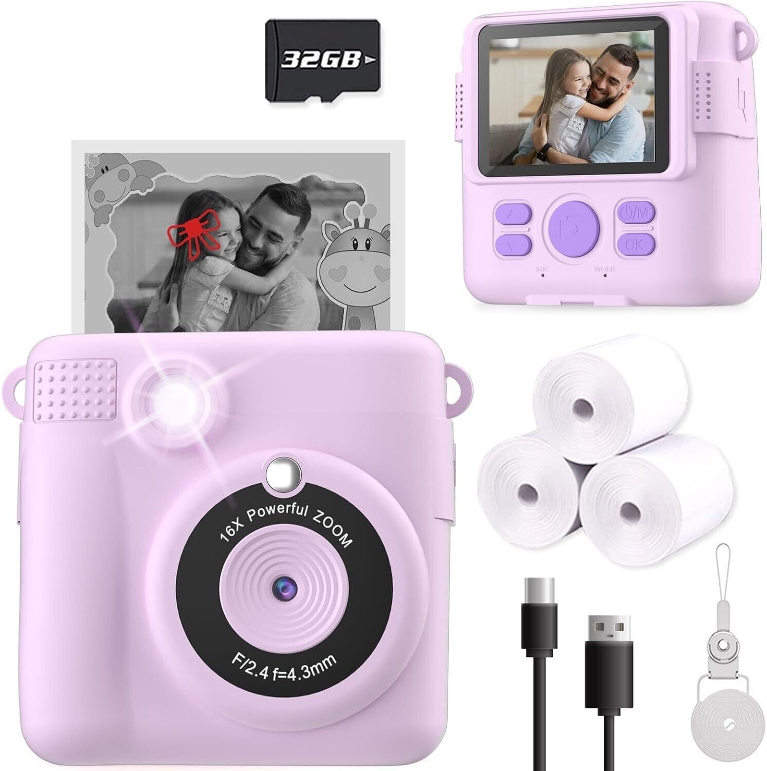 Instant Print Camera for Kids, Christmas Birthday Gifts for Girls Boys, HD Digit