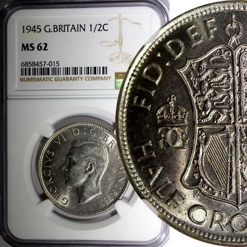 Great Britain George VI Silver 1945 1/2 Crown NGC MS62 32.3 mm KM# 856 (15)