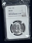 1962 Franklin Half Dollar 50C, 90% Silver, Business Strike, NGC MS64