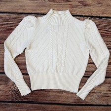 Loft Women s Puff Sleeve Mock Neck Cable Knit Sweater Classic Ivory Size M NWT
