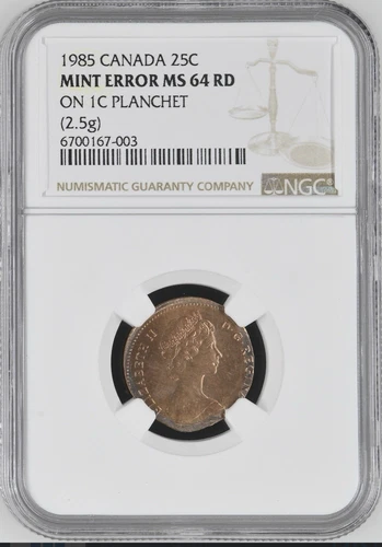 1985 Canada 25 Cent MINT ERROR, Struck on 1 Cent Planchet - NGC MS64 RD