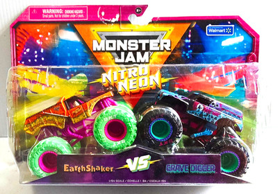 MONSTER JAM NITRO NEON GRAVE DIGGER VS EARTH SHAKER 2023 WALMART EXCLUSIVE 2 PAK