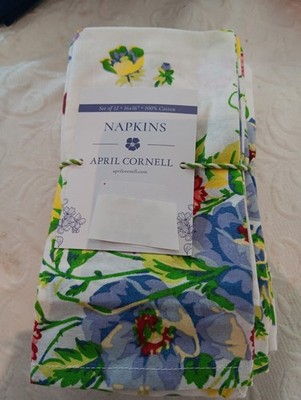 APRIL CORNELL WHITE GREEN YELLOW NAPKINS FLORAL SET OF 12 100% COTTON 16X16'' NIP