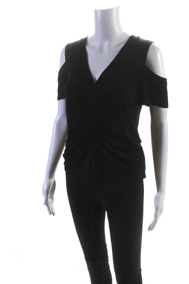 LNA женщин собранными в Рюш шнурка v-образным вырезом короткий рукав блузка верхний черный размер XS - Изображение 2 из 4