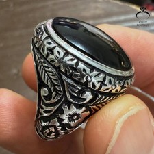 Vintage Yemeni Aqeeq Natural Black Agate Ring Elegant Handmade Design