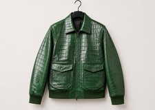 Mens Green Croc Embossed Leather Bomber Jacke...