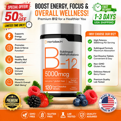 Horbäach B12 Vitamin 5000 mcg 120 Fast Dissolve Tablets Methylcobalamin Berry