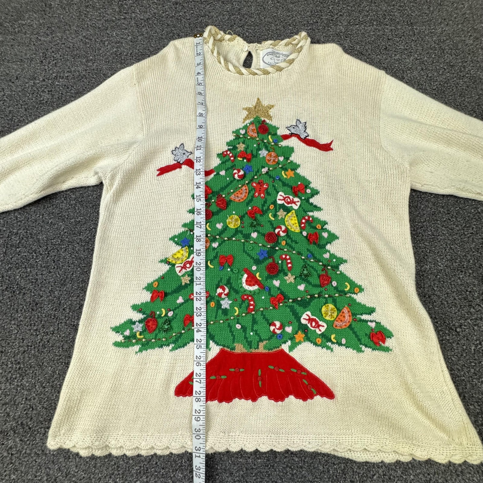 Vintage Eagles Eye Sweater Womens XL Cream Christmas Tree Holiday Ugly 90s