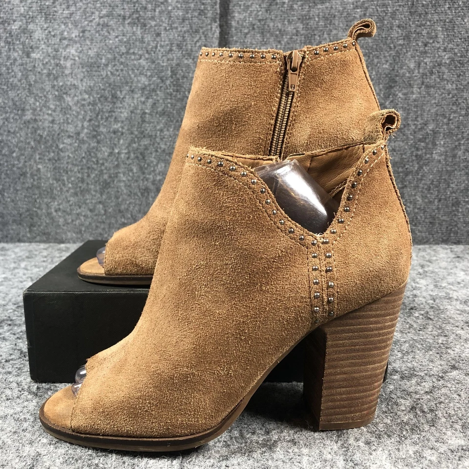 Botas Lucky Brand para mujer talla 9 gamuza tostada punta abierta tobillo bloque tacón con tachuelas cremallera Foto 3 de 4