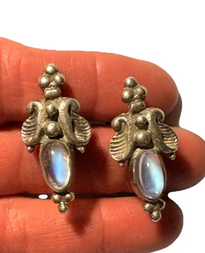Vintage Sterling Silver Moonstone Screwback Earrings Mid Century Artisan