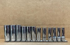 SNAP-ON 12 PC 3/8" DRIVE 6 PT DEEP SOCKETS (8mm SFSM8- 19mm SFSM19) USED.