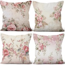 4 Pcs/Set Floral Pillow Covers Spring Poppy Rose Flowers Vintage Plants Rusti...