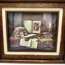 1970s Shadow Box 3D Wall Art  Violin, Music Sheets, Books  Framed Classical