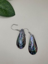 Abalone Shell Teardrop Dangle Earrings – Iridescent Paua Shell Look – Silver Ton