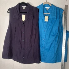 Lot2 CJ Banks Vest Womens 2X Plus Buttons Sleeveless Pockets Teal & Navy