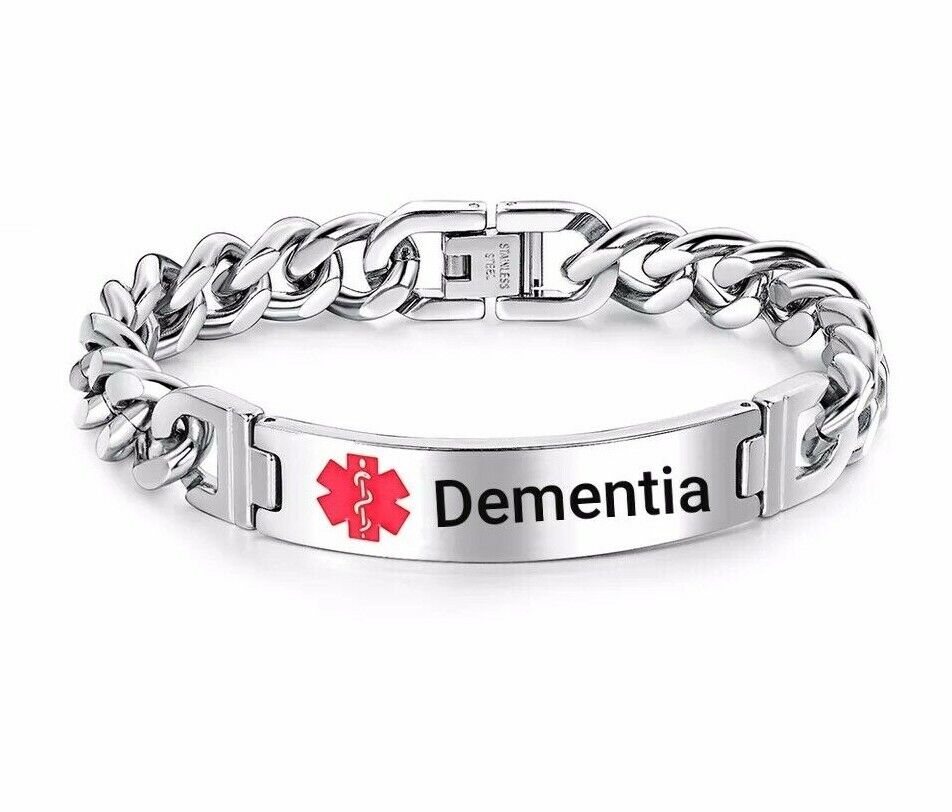 Dementia Alzheimers Medical Alert Bracelet Stainless Steel Chain Curb