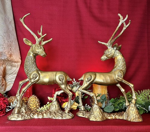 De colección Ciervos de Latón Posados sobre Rocas Reno Navidad Ciervos Dorados Par Rústico - Imagen 4 de 9