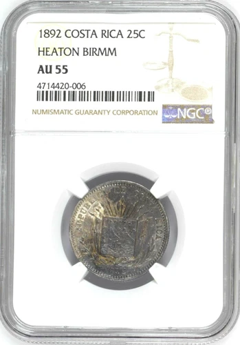 Costa Rica: 25 Centavos 1892 Heaton Birmm, NGC AU55, KM# 130 Silver