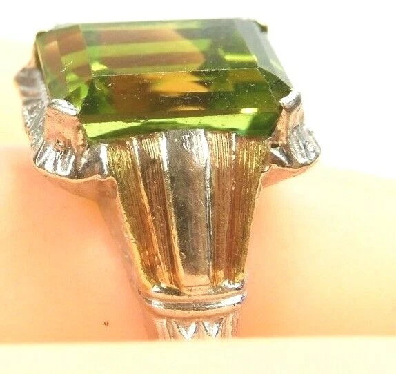 Antique Art Deco Natural Peridot 10K Multi-Tone Ring Size 4 UK-H 3CT + - Image 3 of 4