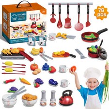 76pcs Kids Kitchen Food Toy Accessories Playset Pretend Cooking Play Pots Pans