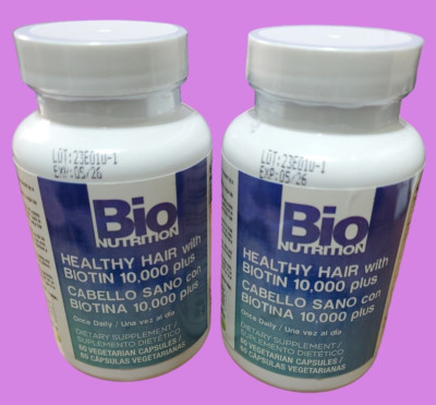 2 Pack Bio Nutrition Healthy Hair with Biotin 10,000 Plus 60 +60 caps Exp. 09/26