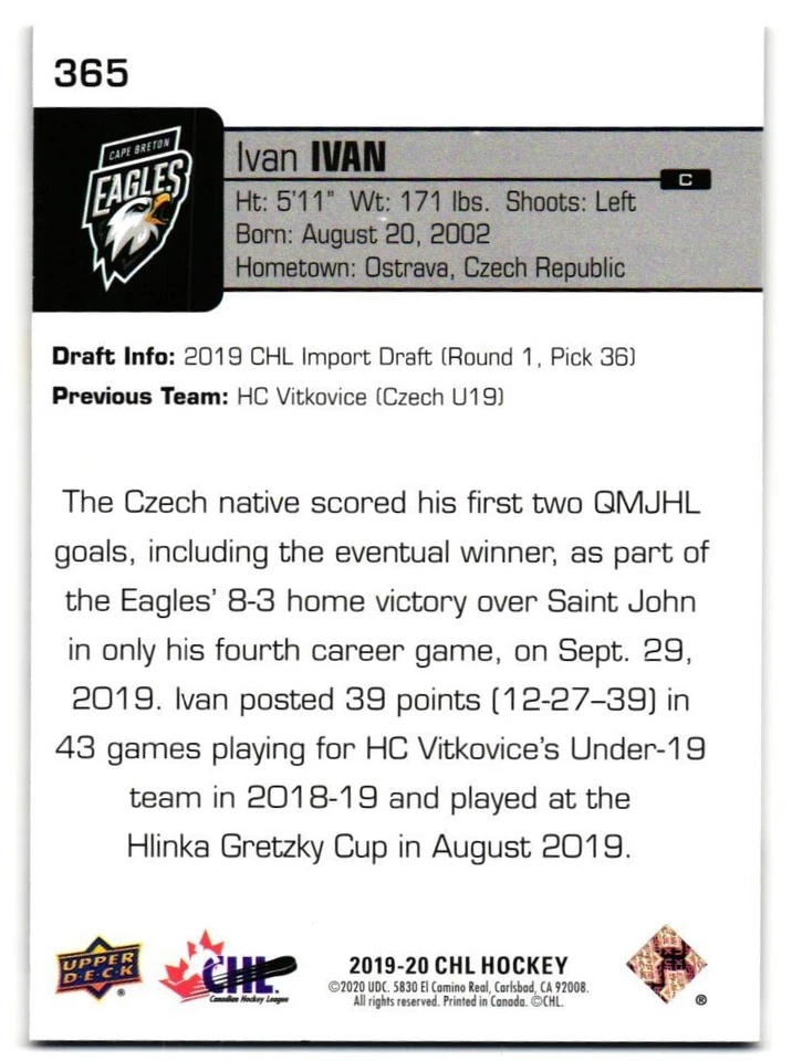 2019-20 Ivan Ivan Upper Deck CHL Rookie Screaming Eagles - Image 2 of 2