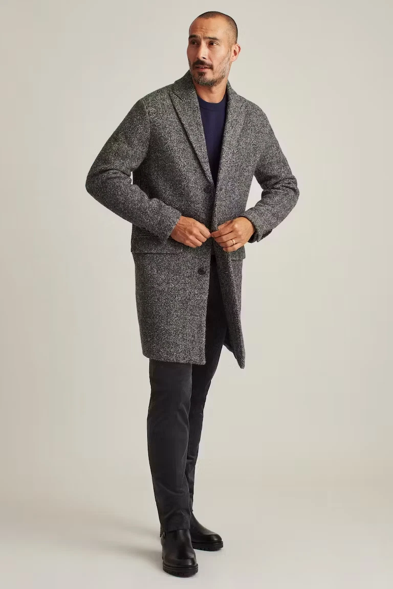 499 BONOBOS Men s Italian Wool Top Coat Charcoal Herringbone Sz 42R Slim NEW