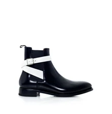 Handmade Black Leather Formal Ankle White Buckle Chelsea Business Boots For Mens