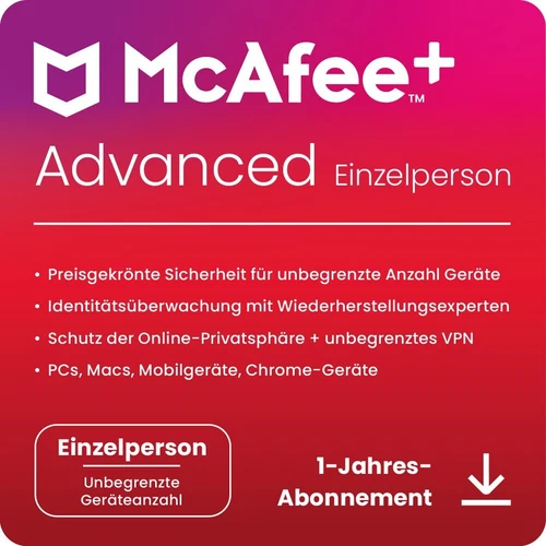 McAfee®+ Advanced Individual Security 2025 Unbegrenzte Geräteanzahl 1 Jahr - DL