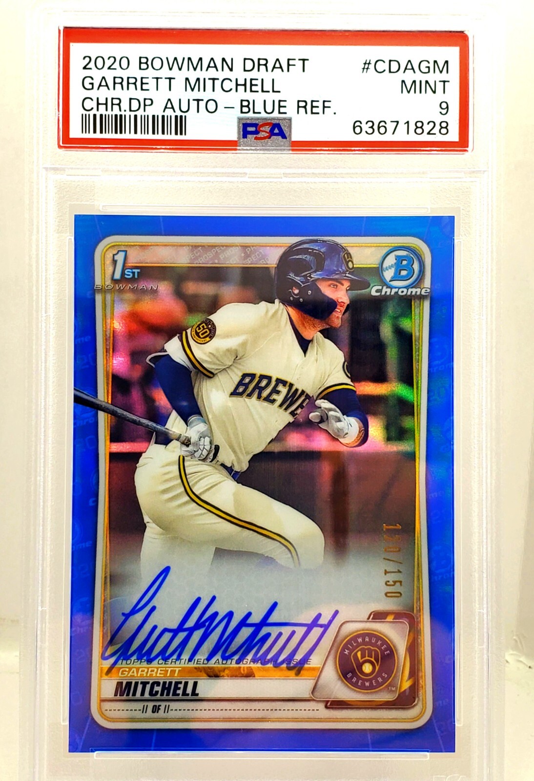 2020 Bowman Chrome 1st Garrett Mitchell Blue Refractor Auto 120/150 PSA MINT 9
