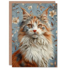 Birthday Card Fluffy Maine Coon Cat Lover Retro Floral Pattern Greeting Card